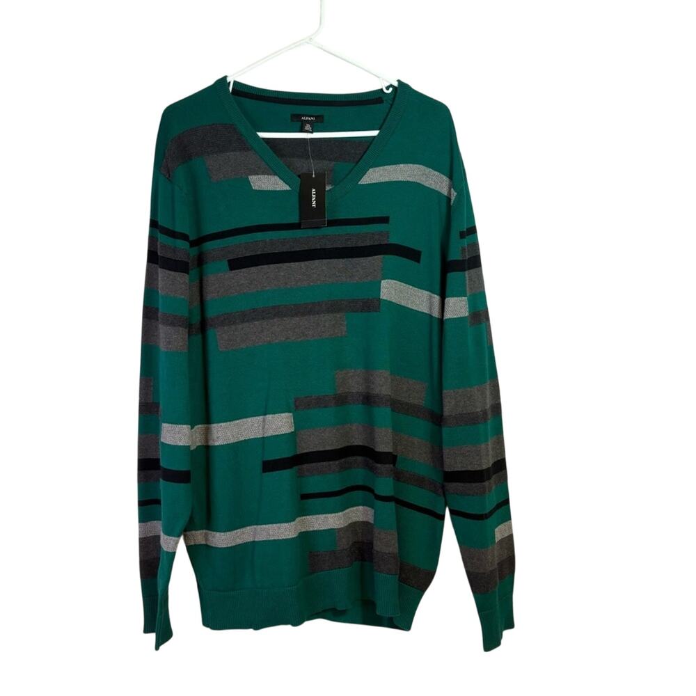 NWT Men’s Green Grey Black Striped Men's V-neck Sweater Size XXL Y0488